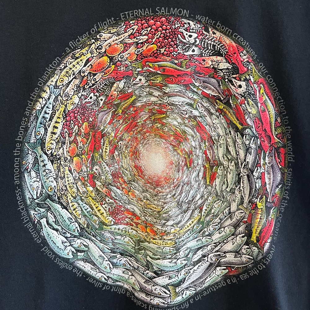 Salmon print shirt, medium, black shirt. Preowned great condition. Fishing